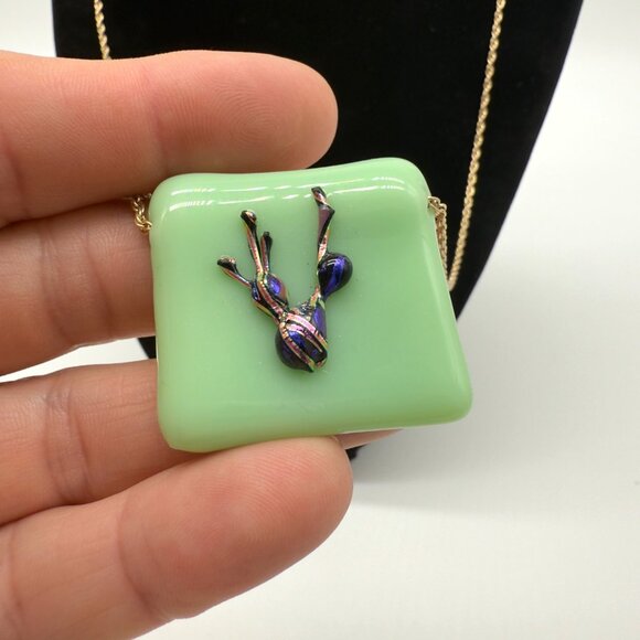 Art Glass Pendant 10K Gold Filled Necklace Green Square Fused Raised Abstract - Picture 3 of 7
